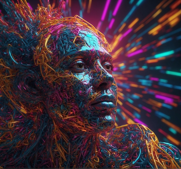 a digital painting of a man with colorful lines on his face