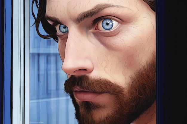 Digital painting of a mans face with beard and mustache looking out the window