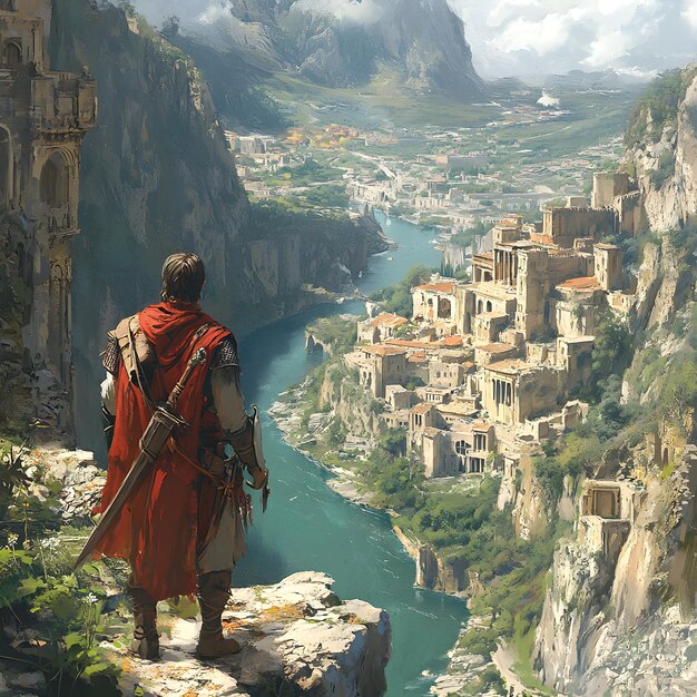 Digital painting of a medieval warrior in the middle of the canyon