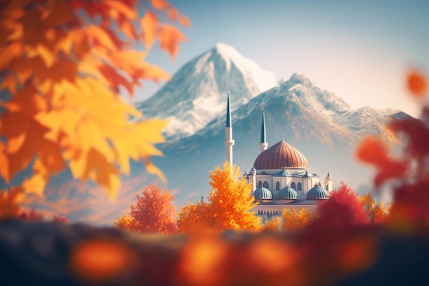 A digital painting of a mosque in autumn with a mountain in the background.