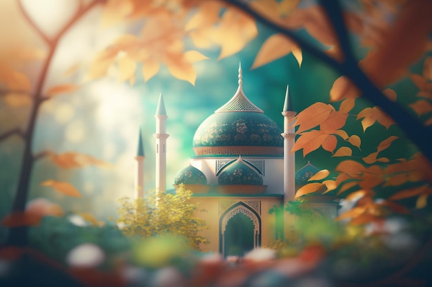 A digital painting of a mosque in the forest Islamic background