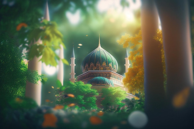 A digital painting of a mosque in the forest Islamic background