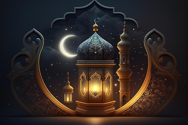 A digital painting of a mosque and a lantern with the moon in the background