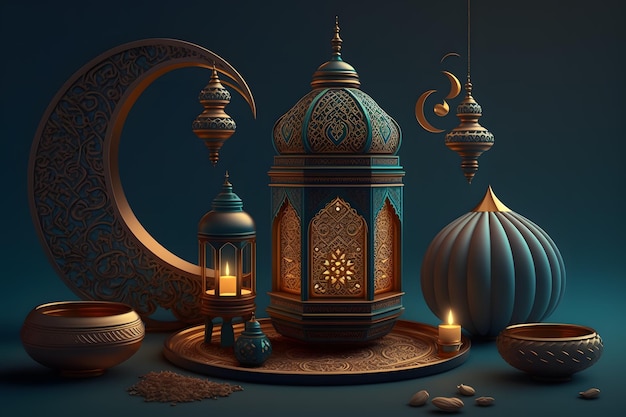 A digital painting of a mosque and a moon with the text ramadan.