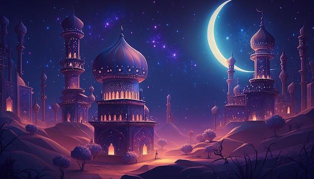 A digital painting of a mosque and a moon