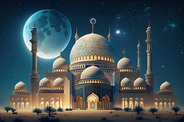 A digital painting of a mosque with a moon in the background