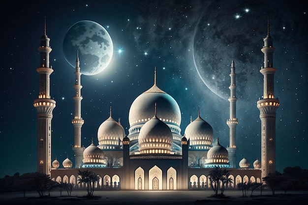 A digital painting of a mosque with a moon in the background