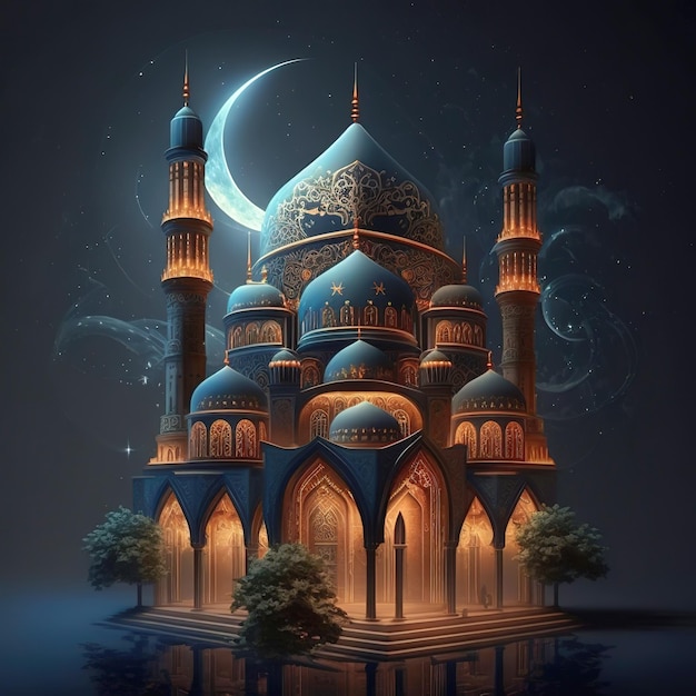 A digital painting of a mosque with a moon and stars on it.