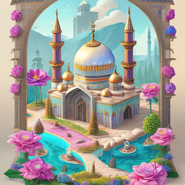 A digital painting of a mosque with a pink flower in the middle.