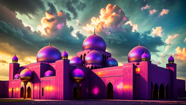 A digital painting of a mosque with purple domes and the sky is cloudy.