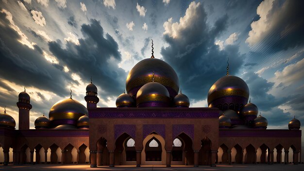 A digital painting of a mosque with the sky behind it