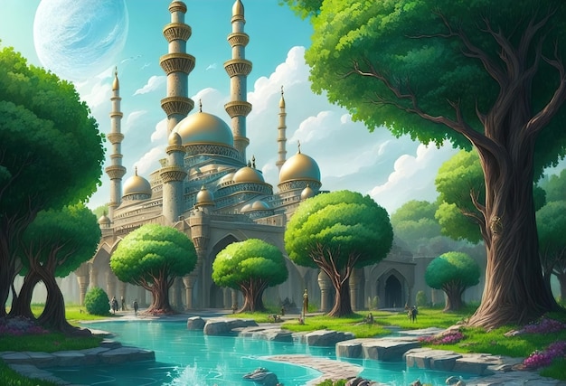 A digital painting of a mosque with trees and a blue sky ai_generated