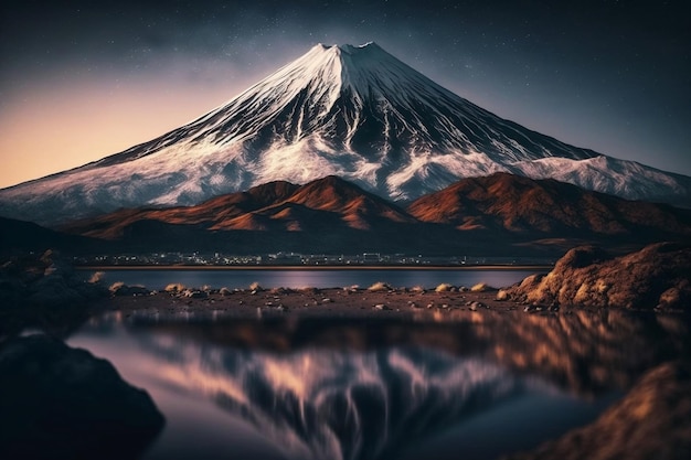 A digital painting of mountain Fuji with snow on top