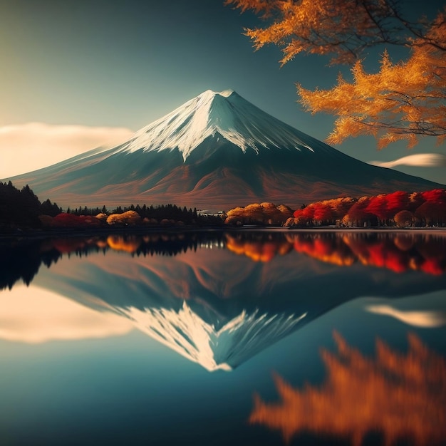 A digital painting of mountain Fuji with snow on top