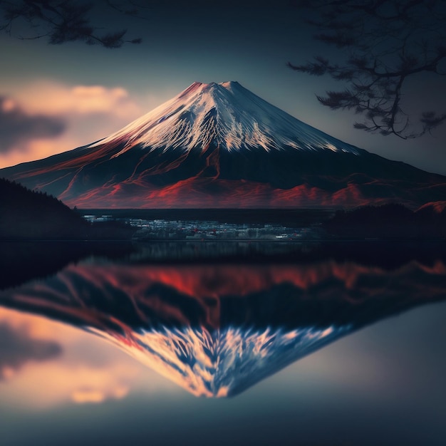 A digital painting of mountain Fuji with snow on top