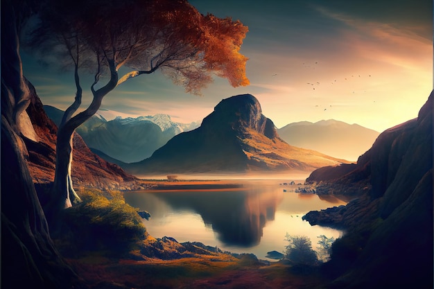 A digital painting of a mountain and a lake with a mountain in the background.