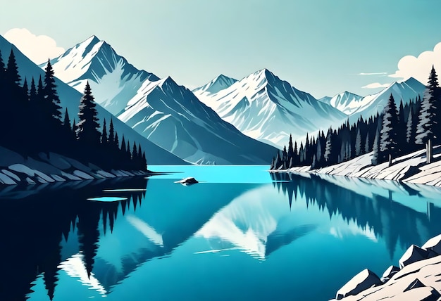 a digital painting of a mountain lake with mountains in the background