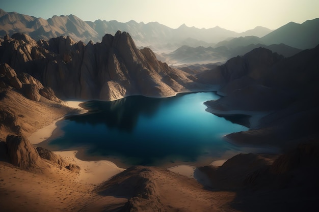 A digital painting of a mountain lake with mountains in the background.