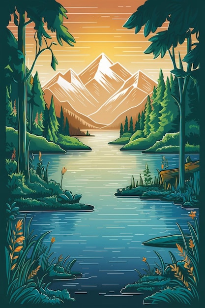 A digital painting of a mountain lake with a sunset and mountains in the background