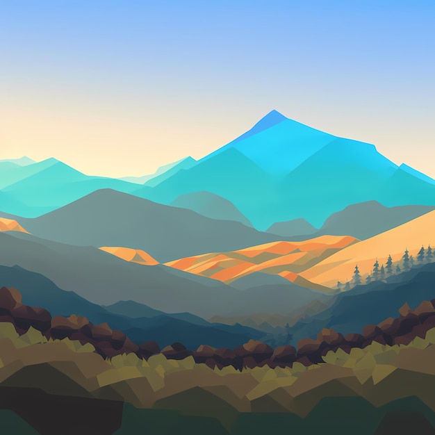 A digital painting of a mountain landscape with a blue sky and trees.