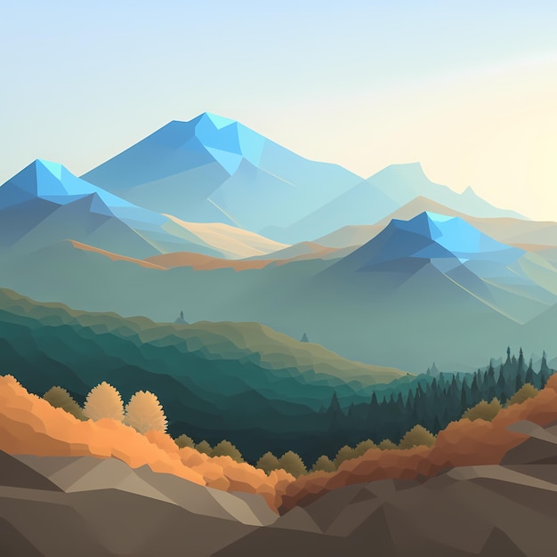 A digital painting of a mountain landscape with a blue sky and trees.