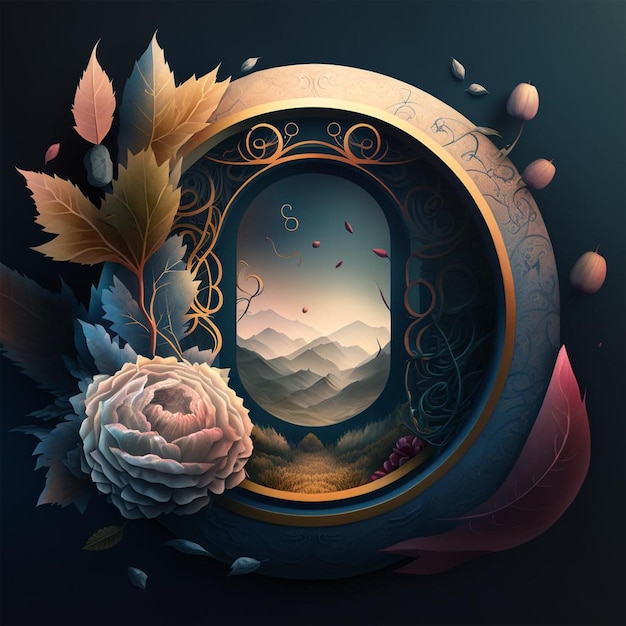 A digital painting of a mountain landscape with a floral frame.