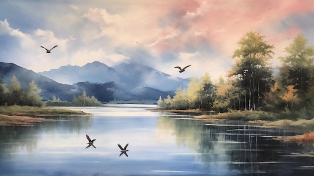 Digital painting of a mountain landscape with a lake and a flock of birds