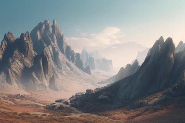 A digital painting of a mountain landscape with a mountain in the background.