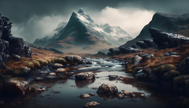 A digital painting of a mountain landscape with a river and mountains in the background.