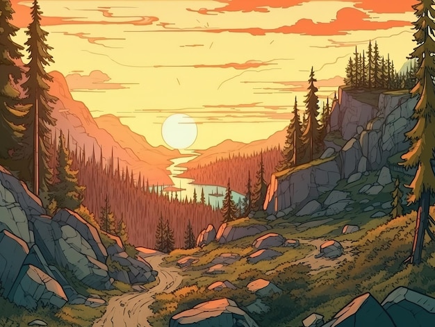 A digital painting of a mountain landscape with a sunset in the background.