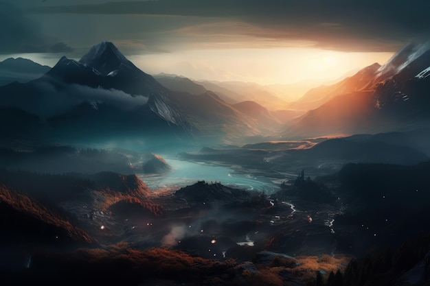 A digital painting of a mountain range with a sunset in the background