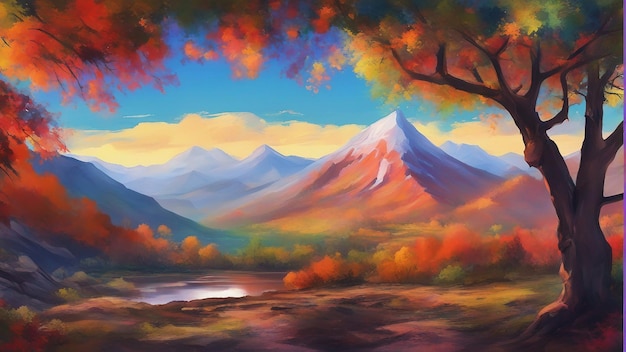 A digital painting of a mountain with a colorful tree in the foreground wallpaper