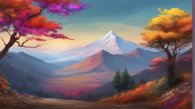 A digital painting of a mountain with a colorful tree in the foreground wallpaper