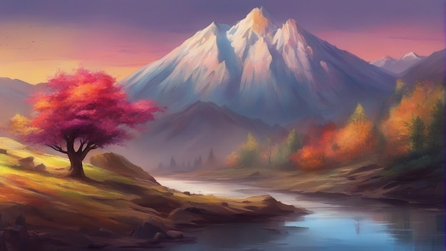 A digital painting of a mountain with a colorful tree in the foreground wallpaper