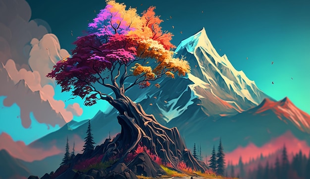 A digital painting of a mountain with a colorful tree wallpaper AI Generated Photo