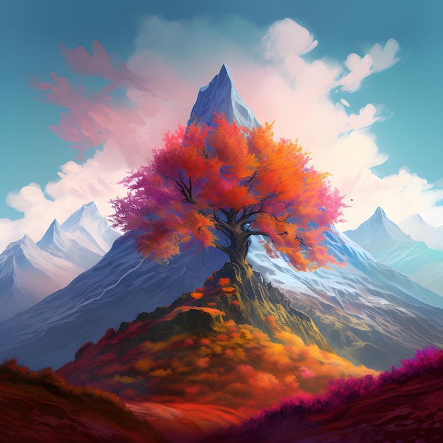 A digital painting of a mountain witha colorful tree in the front