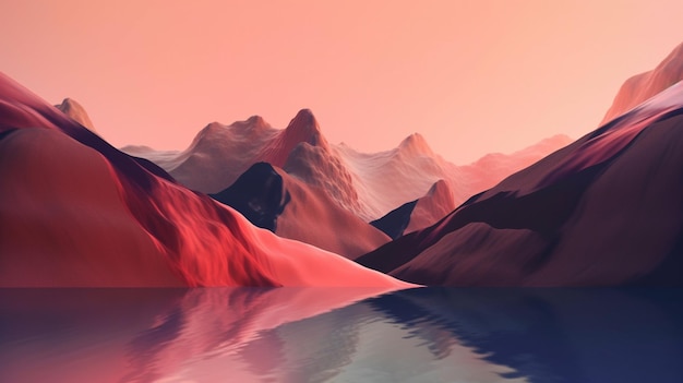 A digital painting of mountains and a lake with a pink sky.