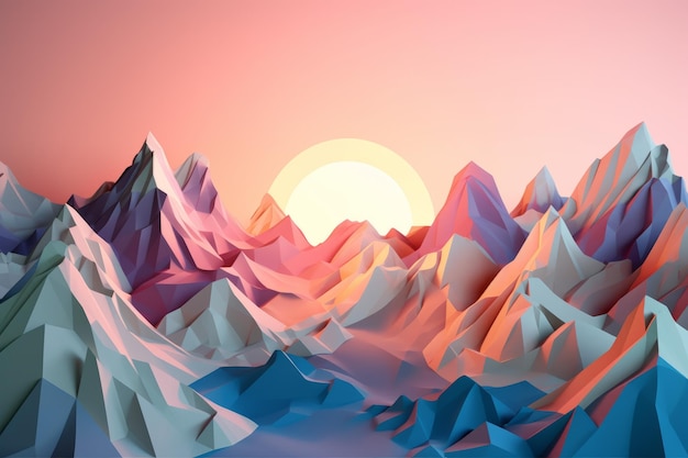 A digital painting of mountains in pink and blue.