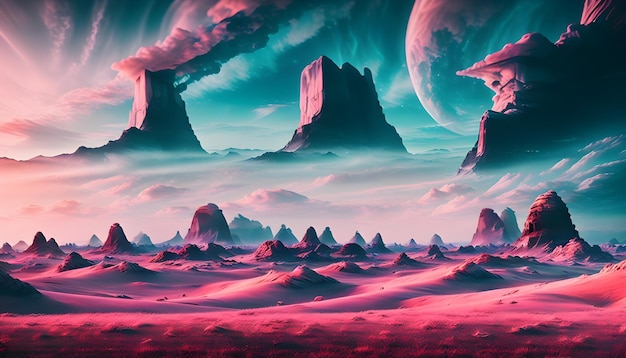 A digital painting of mountains and a planet with a planet in the background.