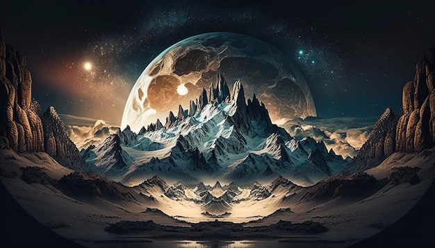 Digital painting of mountains with the moon in the background, creative ai