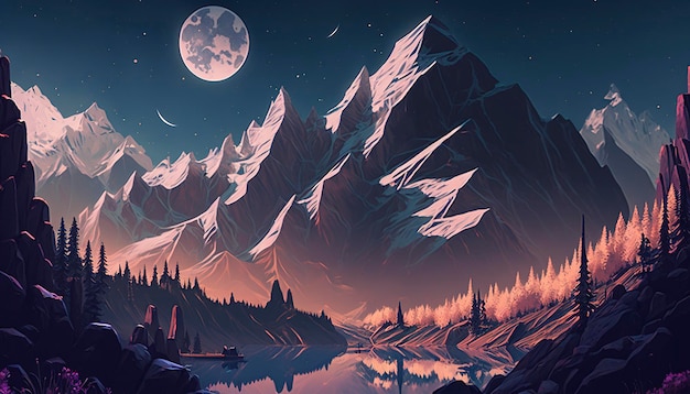 Digital painting of mountains with the moon in the background, creative ai