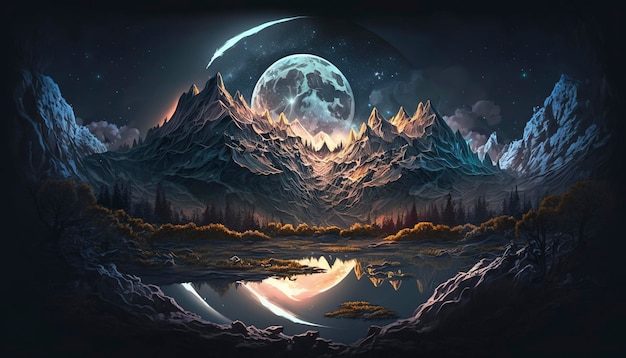 Digital painting of mountains with the moon in the background, creative ai