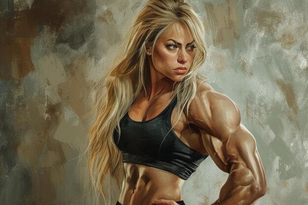 Photo digital painting of a muscular woman in a power pose displaying her physique