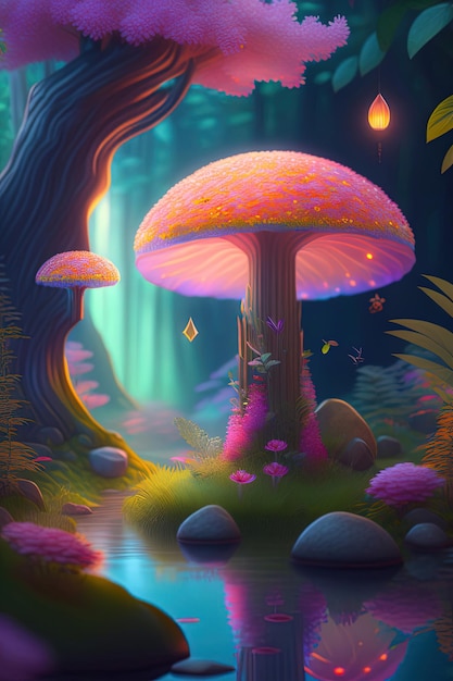 A digital painting of a mushroom in a forest with a light on it.