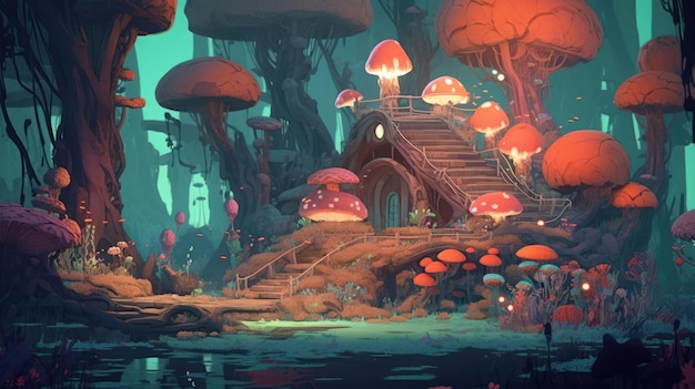 A digital painting of a mushroom house in a forest.