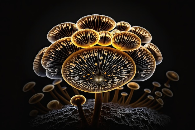 A digital painting of a mushroom with a black background.