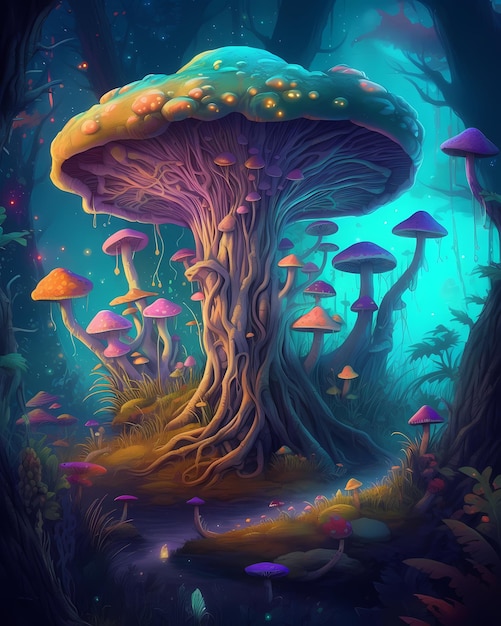 A digital painting of a mushroom with a blue background and a tree with a purple crown.