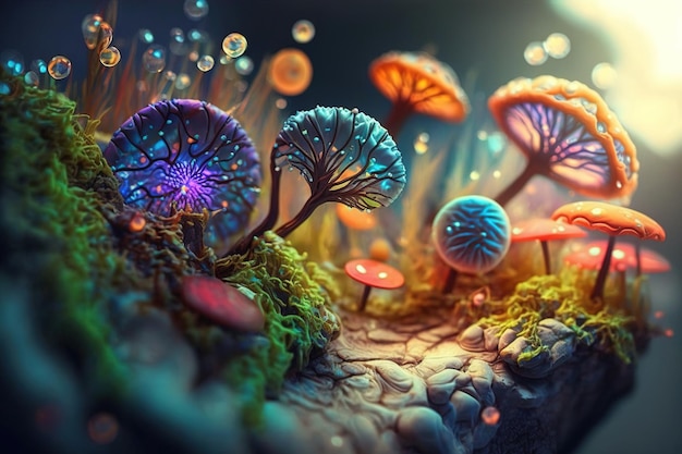 A digital painting of mushrooms in a dark environment.