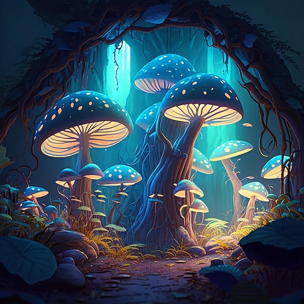 A digital painting of mushrooms in a dark forest.