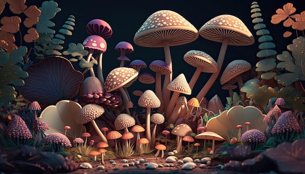 A digital painting of mushrooms in a forest.